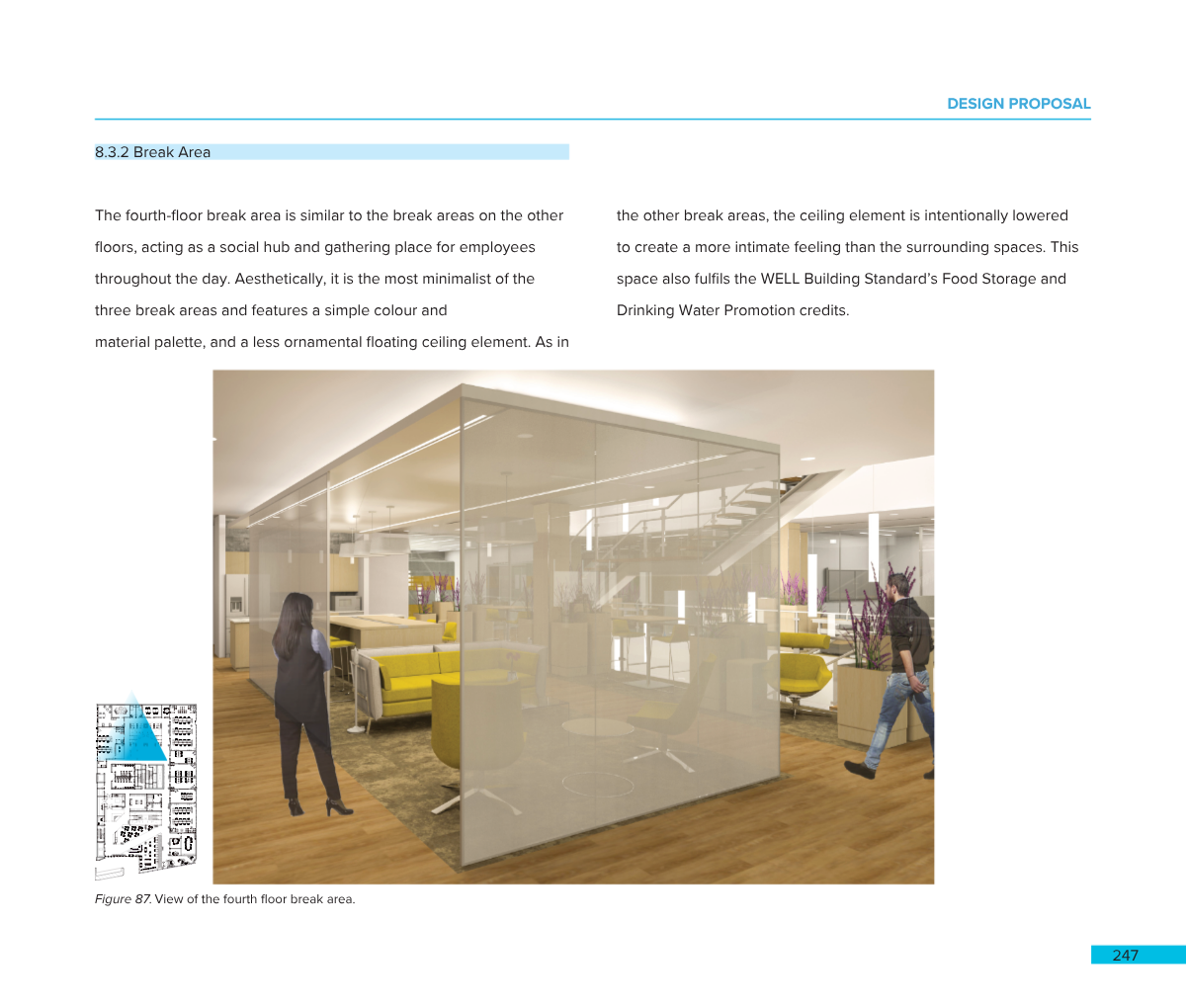 View of a modern office break area with glass partitions, yellow seating, and people walking.