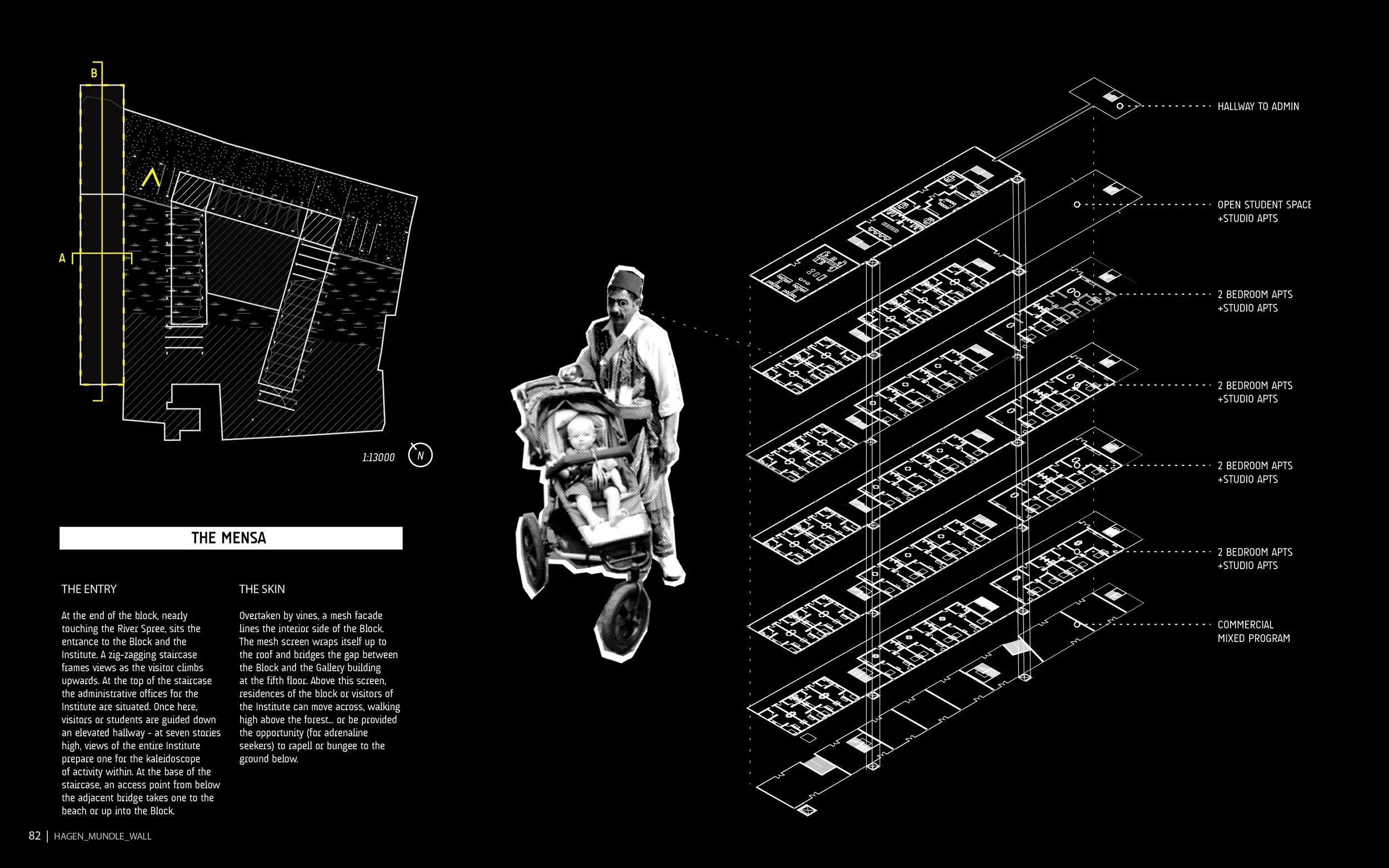 A detailed architectural blueprint of a building with multiple floors, including labels for different apartment types and a hallway. A black-and-white image features a cutout of a man in traditional attire riding a bicycle with a child in a stroller.