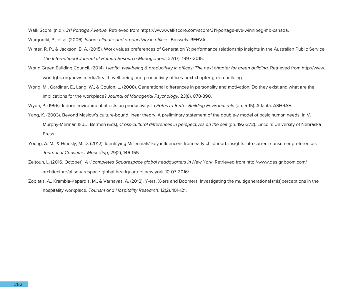 A page from an academic journal or report containing various references and citations related to workplace productivity, environmental design, and social research.