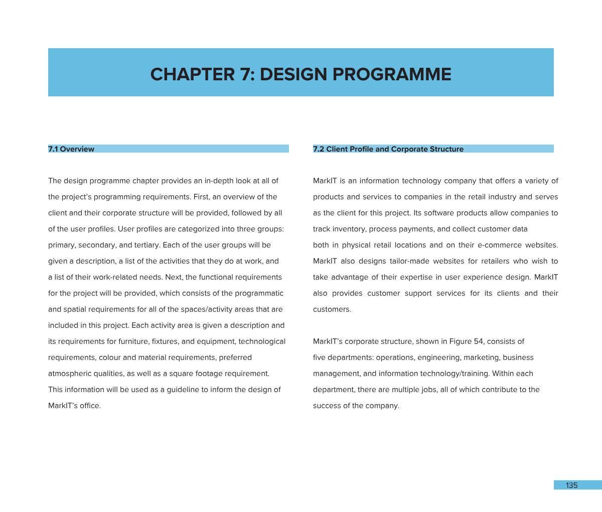 Open book or document displaying Chapter 7 titled 'Design Programme' with sections labeled 7.1 Overview and 7.2 Client Profile and Corporate Structure, on pages 135.