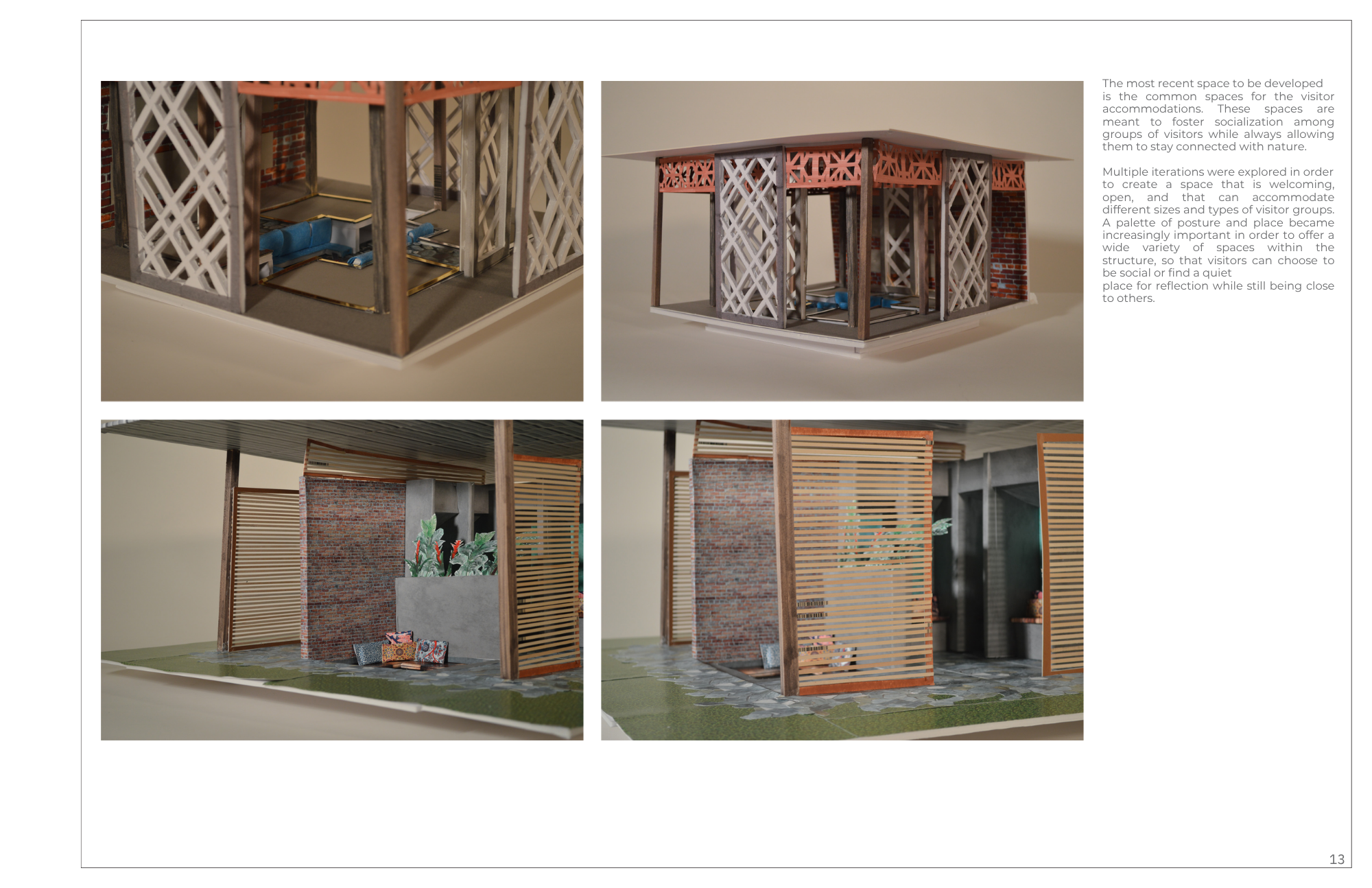 Architectural model of a modern building with wooden panels, brick walls, and a combination of open spaces and enclosed areas.