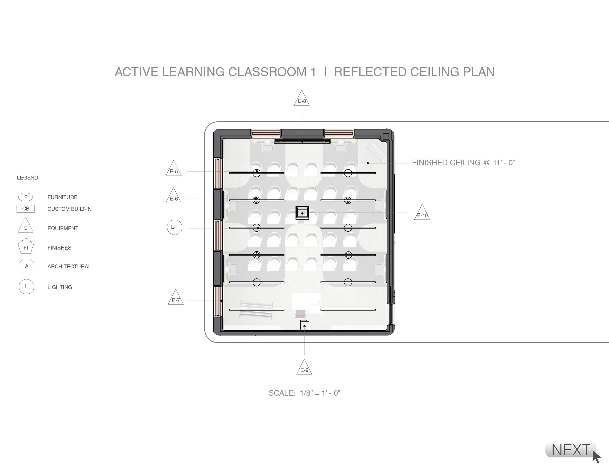 Floor plan of an active learning classroom with labeled furniture, equipment, finishes, architectural elements, and lighting, featuring a finished ceiling height of 11 feet.