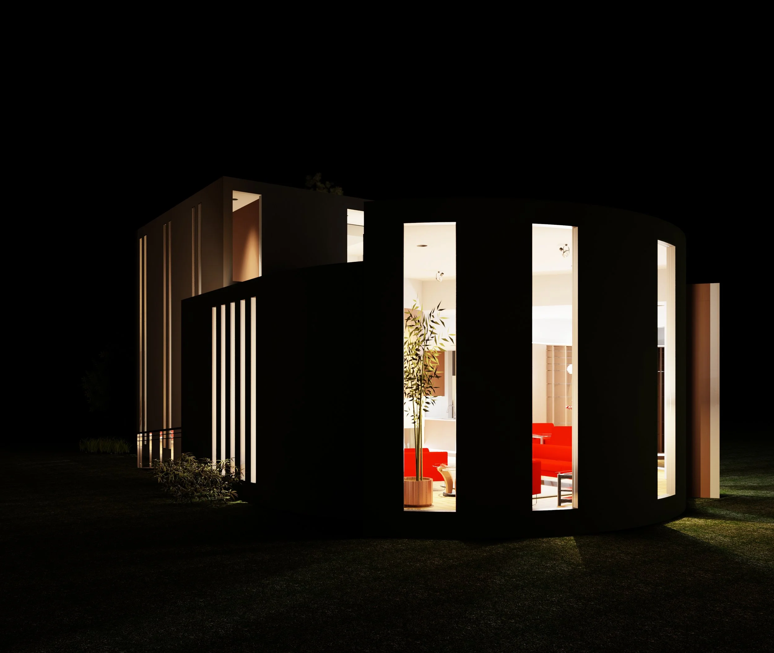 Night view of a modern residential building with large illuminated windows, featuring a minimalist design, surrounded by a dark yard with grass and some plants.