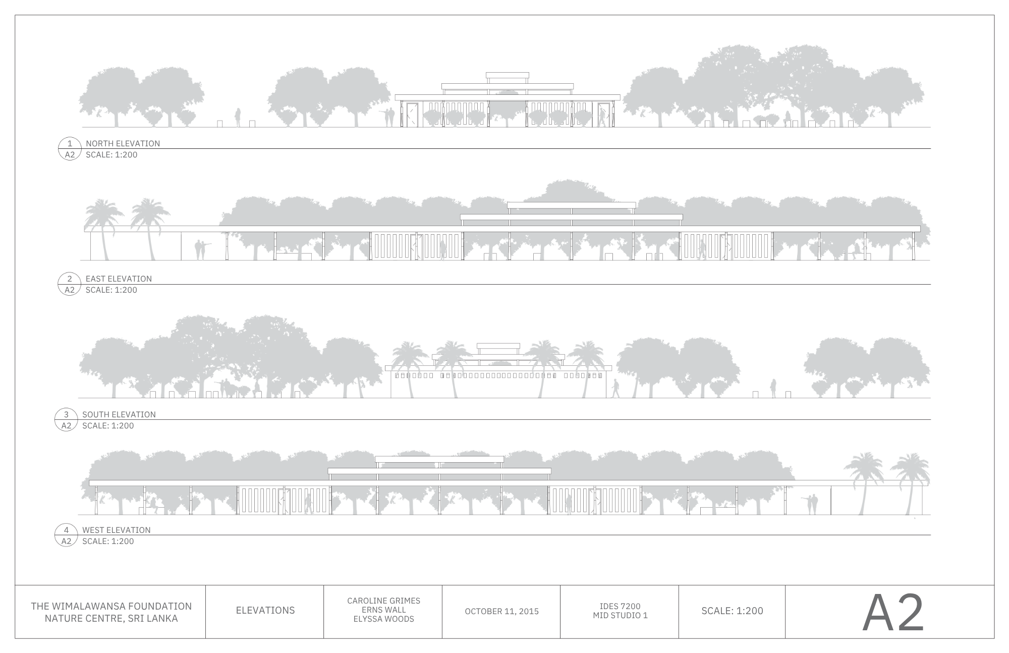 Architectural elevation drawings of the Wimalawansa Nature Center in Sri Lanka, illustrating north, east, south, and west views, with trees, pathways, and people depicted in the background, scaled at 1:200.