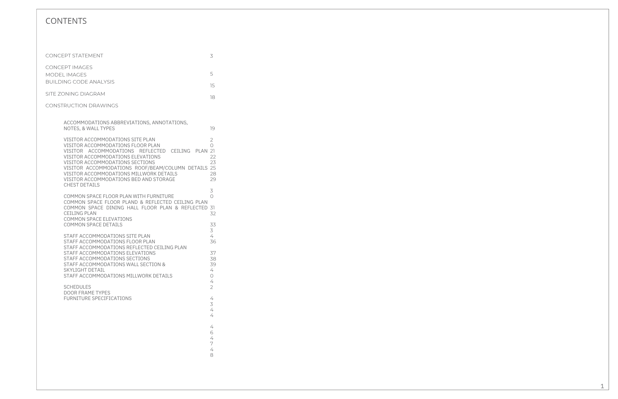Table of contents from a document related to architectural or interior design, listing sections such as concept statement, concept images, model images, building code analysis, site zoning, construction drawings, accommodations, site plan, floor plan