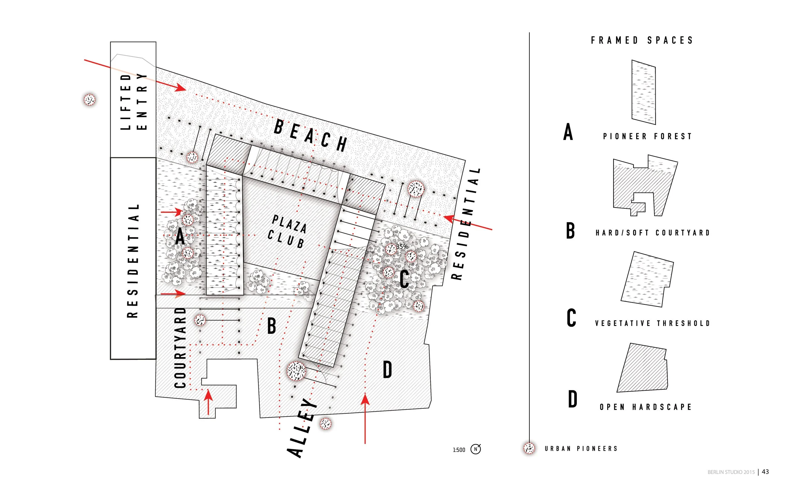 A detailed architectural site plan showing a development project with labeled areas including a plaza, beach, residential zones, and various types of public spaces, with annotations and landscape features.