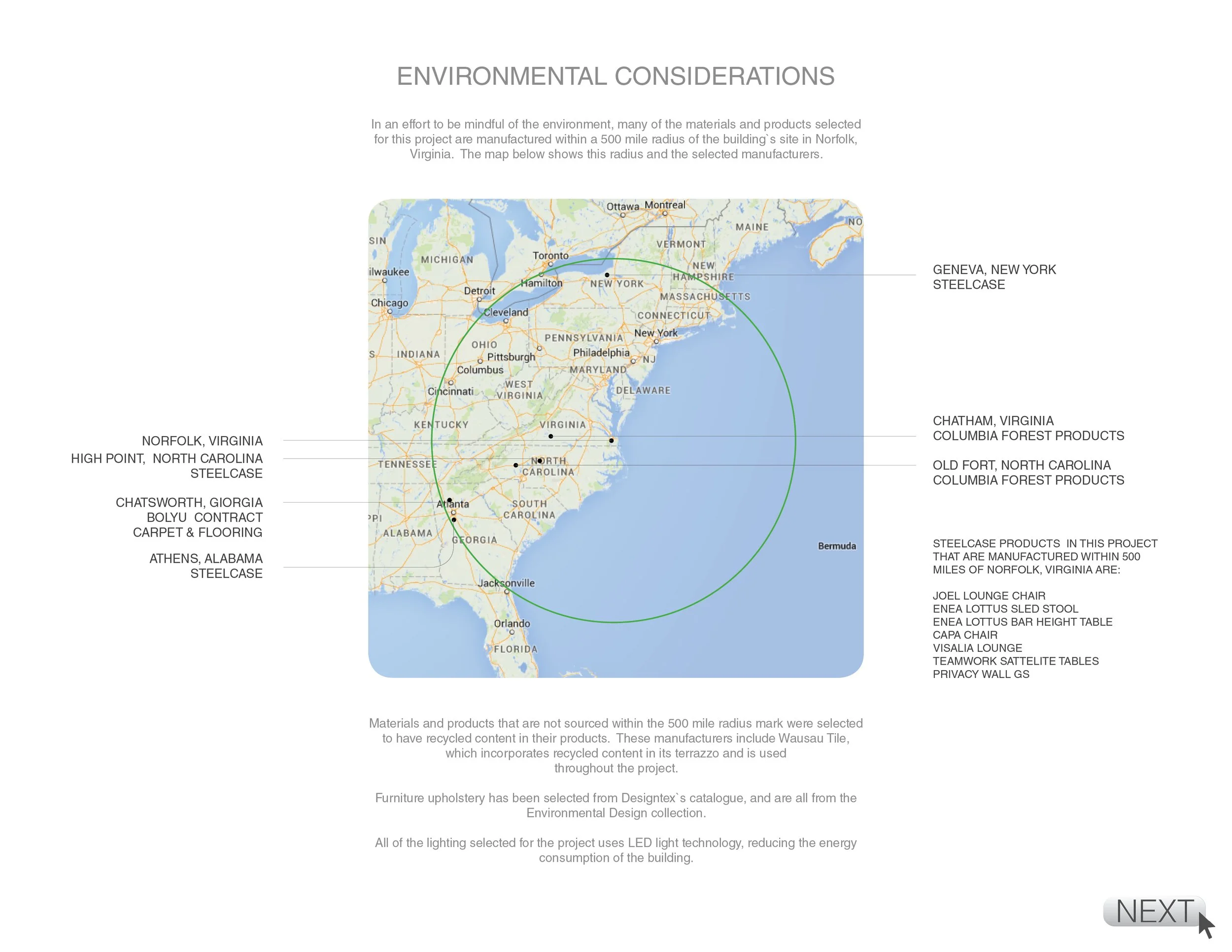 Map showing the route of steel products manufactured within a 500 mile radius of Norfolk, Virginia, including cities like Atlanta, Cleveland, and New York, with labels for various manufacturers and locations.