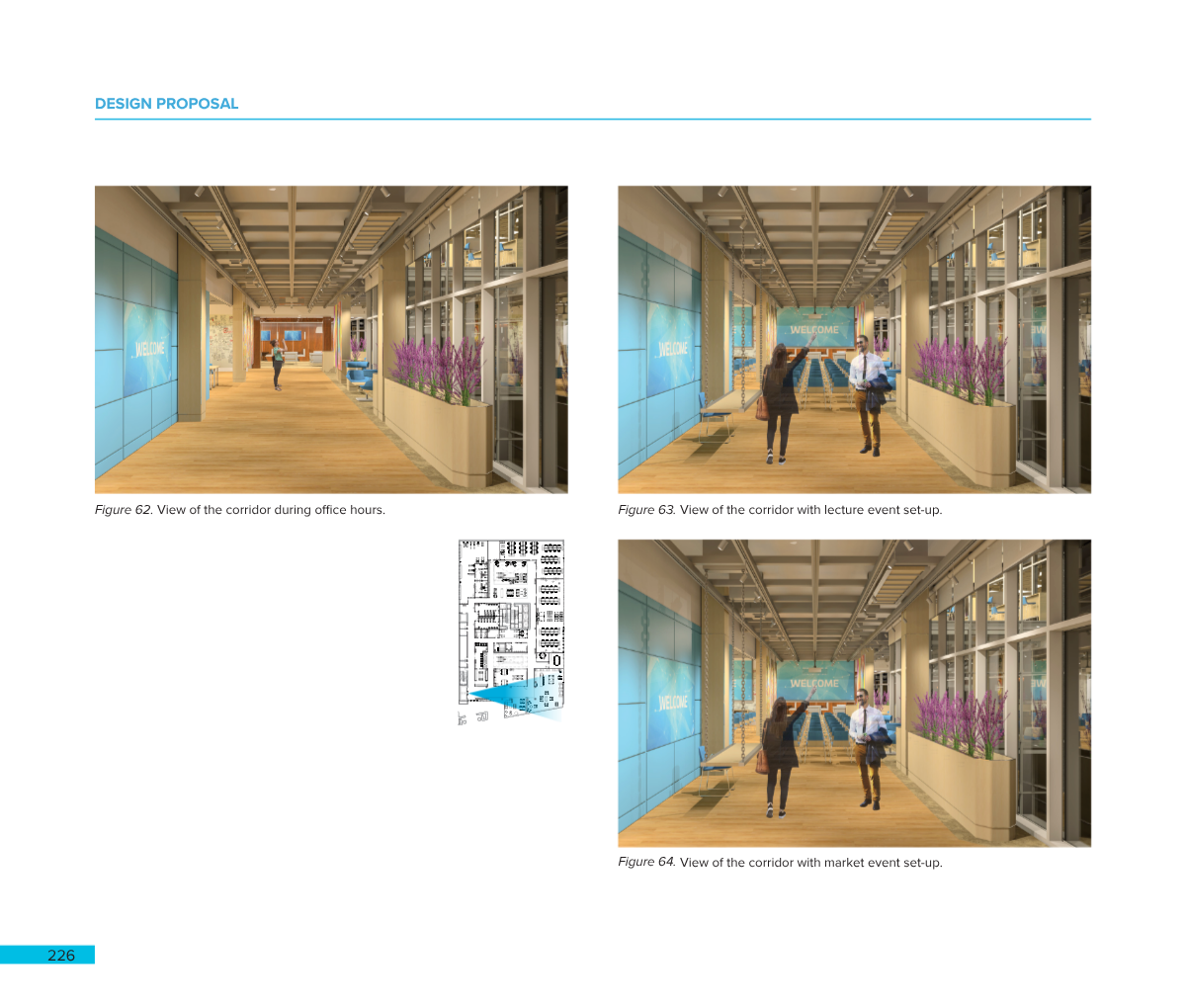 Interior of a modern office corridor with wooden flooring, large glass windows, blue digital welcome screens, and potted purple flowers.