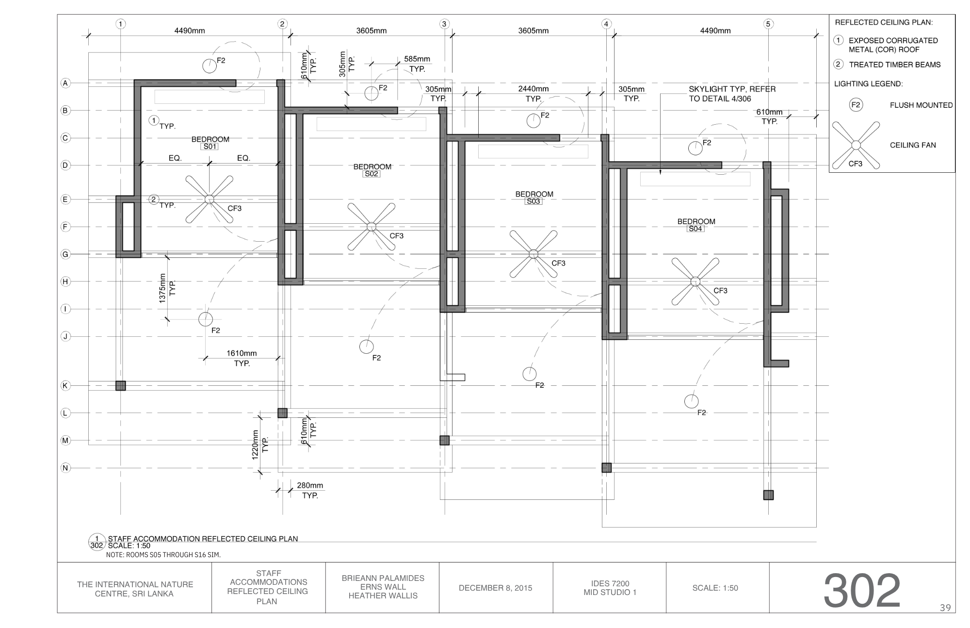 Architectural blueprint of a staff accommodation reflected ceiling plan, showing measurements, room labels, and ceiling fan fixtures.