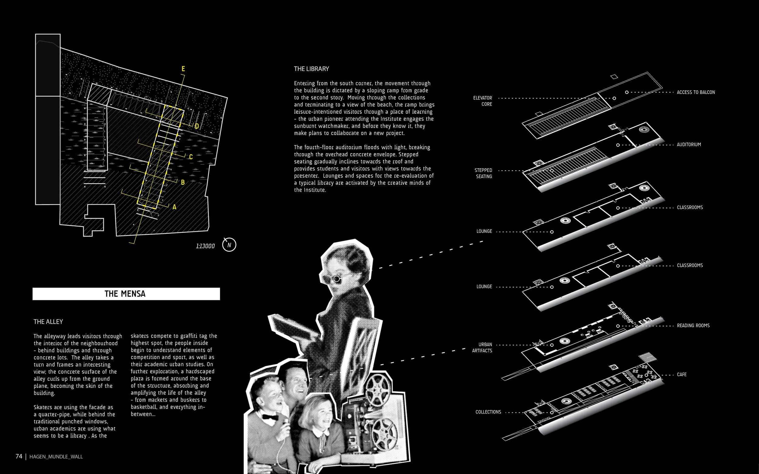 Architectural blueprint with sections labeled THE LIBRARY, THE ALLEY, THE MENSA, and other areas, featuring diagrams of building layouts, stairs, and seating arrangements, along with text descriptions and black-and-white images of children.