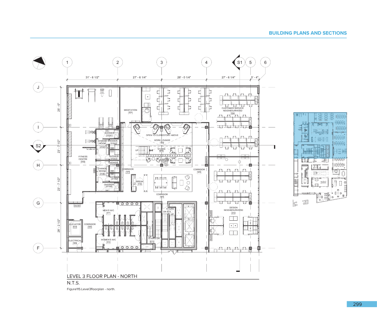 Architectural floor plan of the third level of a building, showing rooms labeled as fitness center, showers, meditations, work lounge, customer service, and neighborhood areas, with detailed measurements and layout.