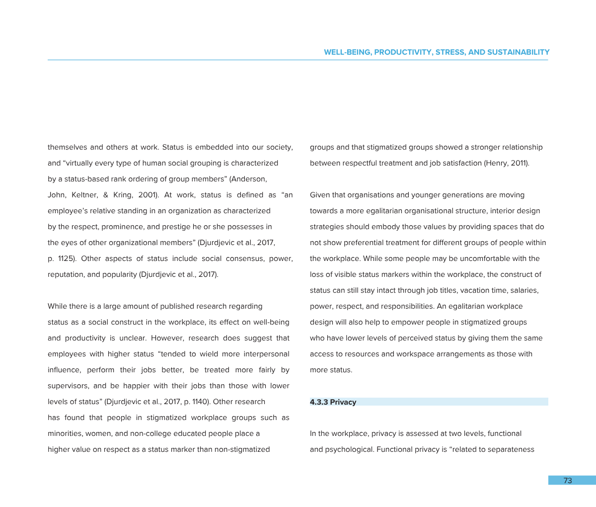Excerpt from a document discussing well-being, productivity, stress, and sustainability in the workplace, with a section titled 'Privacy' and page number 73.