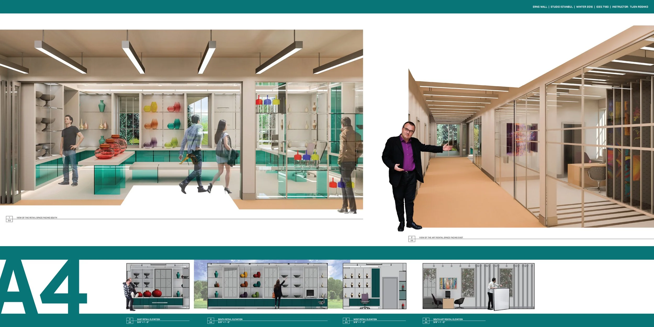 Architectural rendering of a retail space with shelves of colorful vases and a person in casual attire, alongside a hallway with a man in a suit pointing at the artwork in an office corridor.