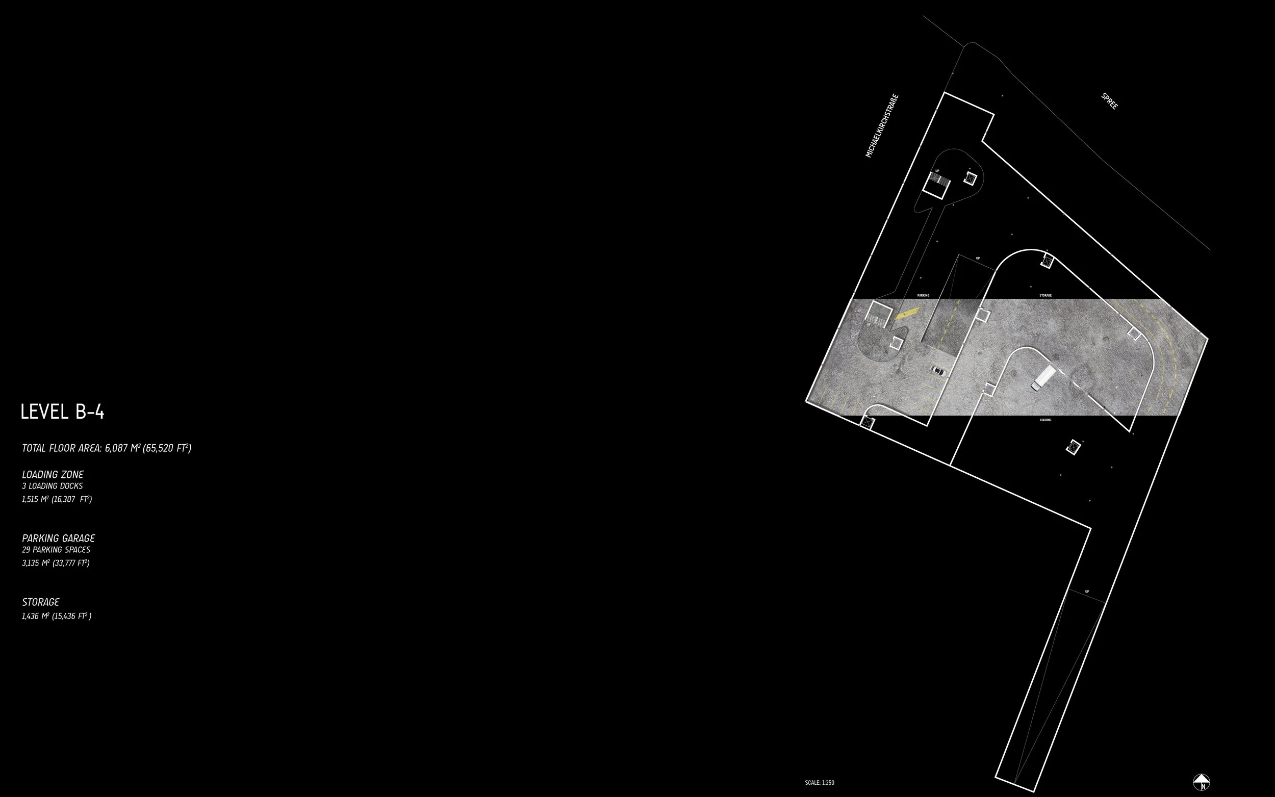 Architectural blueprint of level B-4 showing total floor area, loading zone with loading docks, parking garage with 29 parking spaces, and storage area.
