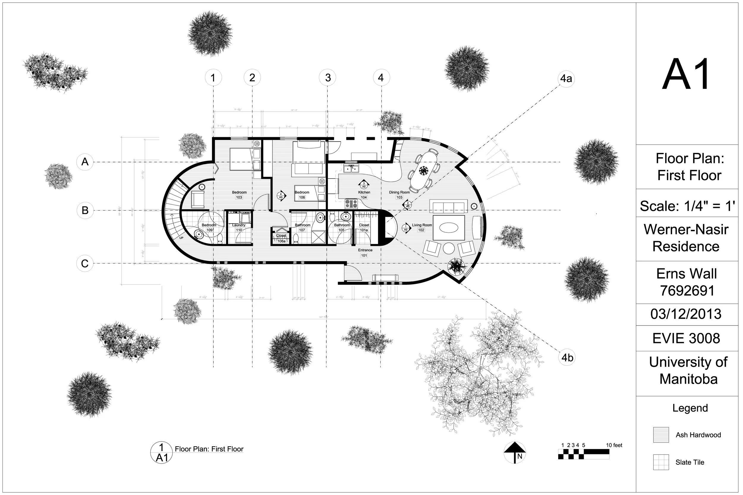 Architectural blueprint of a house with labeled rooms including bedrooms, bathrooms, kitchen, laundry, living and dining rooms. Exterior details show trees and landscape elements. The plan is titled 'First Floor' with dimensions and scale provided, c
