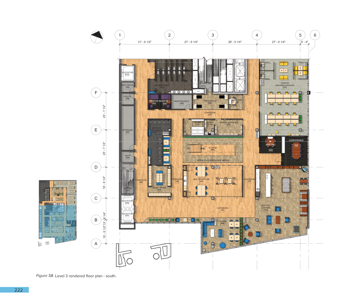 Detailed floor plan of the third level of a building, showing rooms labeled for storage, offices, activity lounge, conference room, restrooms, elevators, stairs, corridors, gym equipment, and various work and meeting areas with furniture arrangements