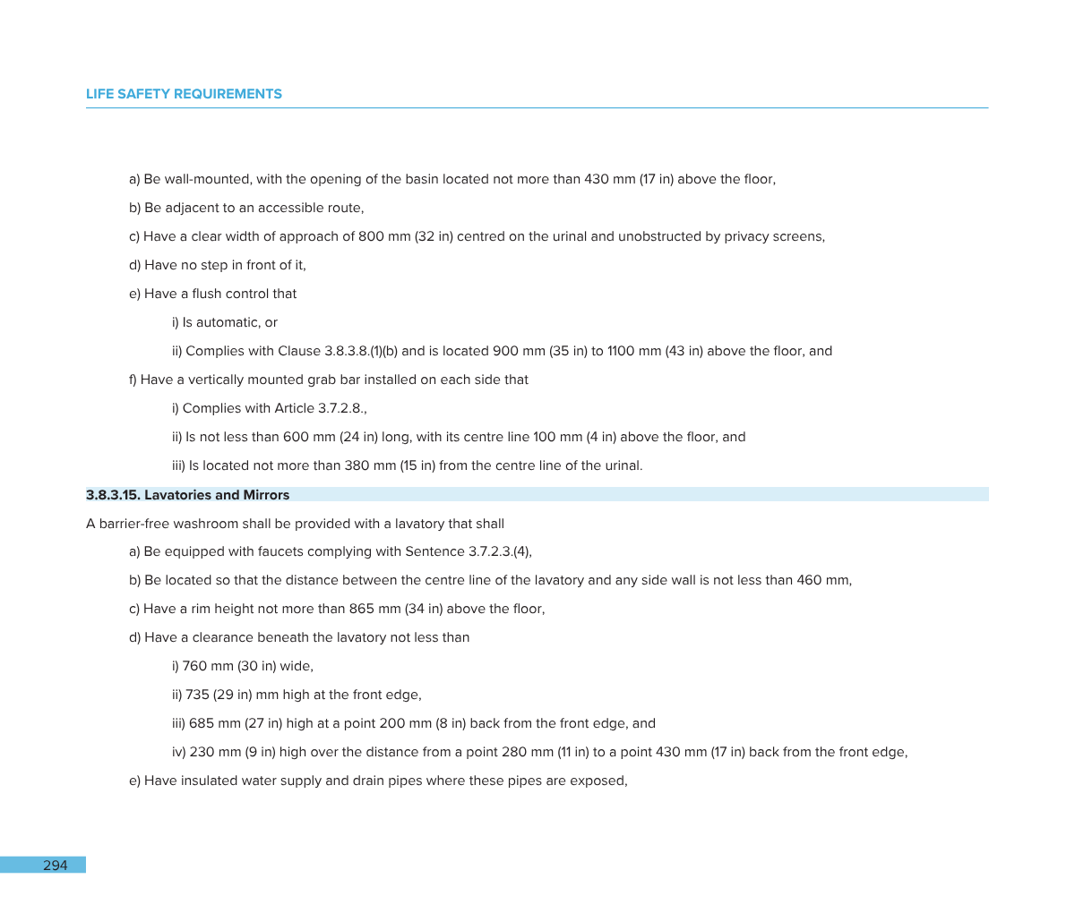 Screen displaying text about life safety requirements, including specifications for accessible and barrier-free washrooms, lavatories, and mirrors, with section headings highlighted in blue.