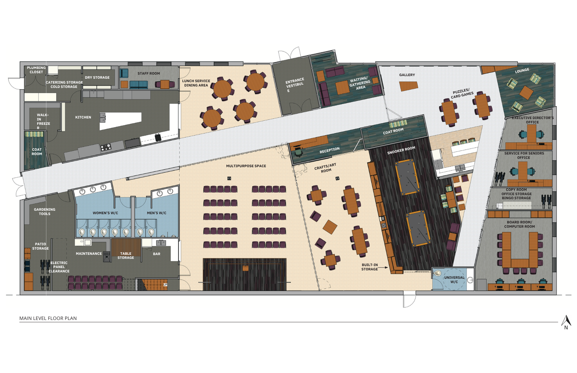 Floor plan of a building's main level, showing various rooms including kitchen, offices, storage areas, restrooms, and recreational spaces, with labeled sections such as multipurpose space, gallery, lounge, and game rooms.