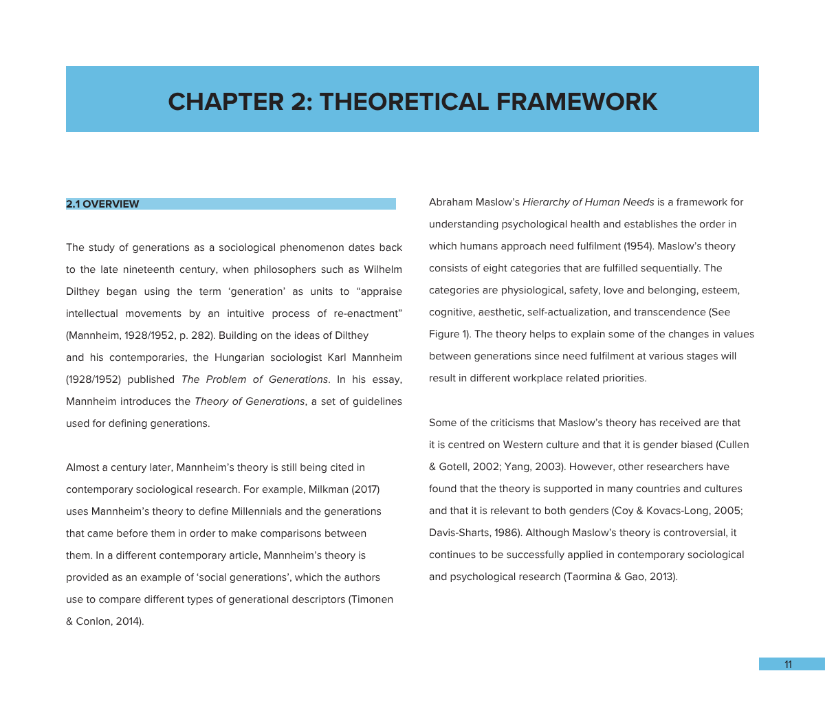 A textbook page titled 'Chapter 2: Theoretical Framework' discussing psychology, generations, and Abraham Maslow's theory of human needs, with blue section header and page number 11 at the bottom.