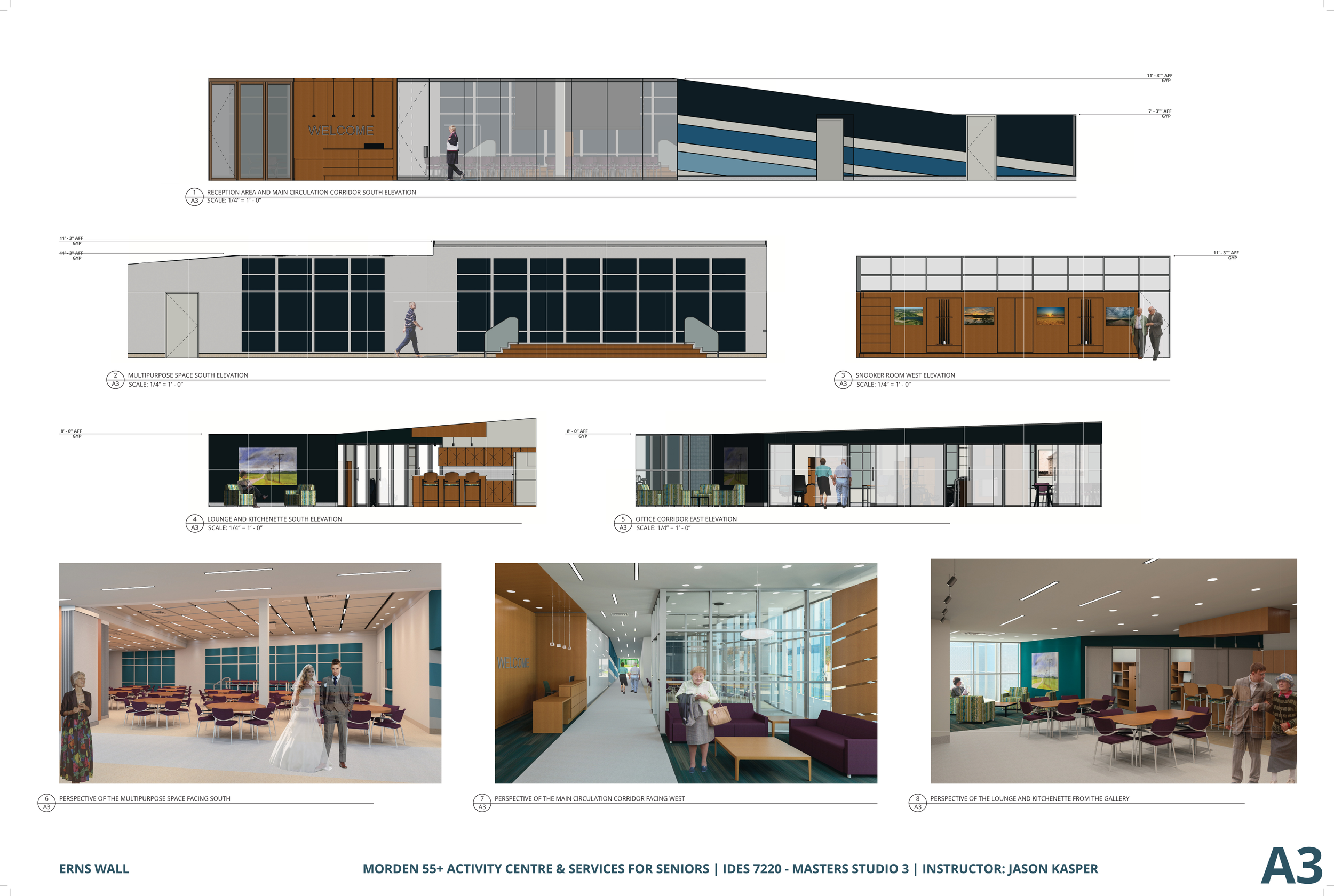 Architectural drawings of a renovation project for the Morden 55+ Activity Centre & Services for Seniors, showing elevations and interior perspectives of various spaces including reception, multipurpose space, snooker room, lounge, and office corrido
