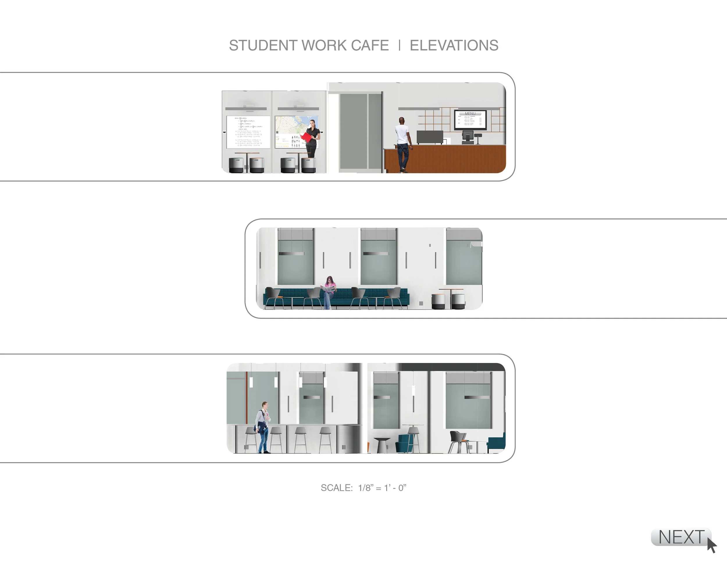 Elevations rendering of a student work cafe with a reception area, seating, and interior design features.