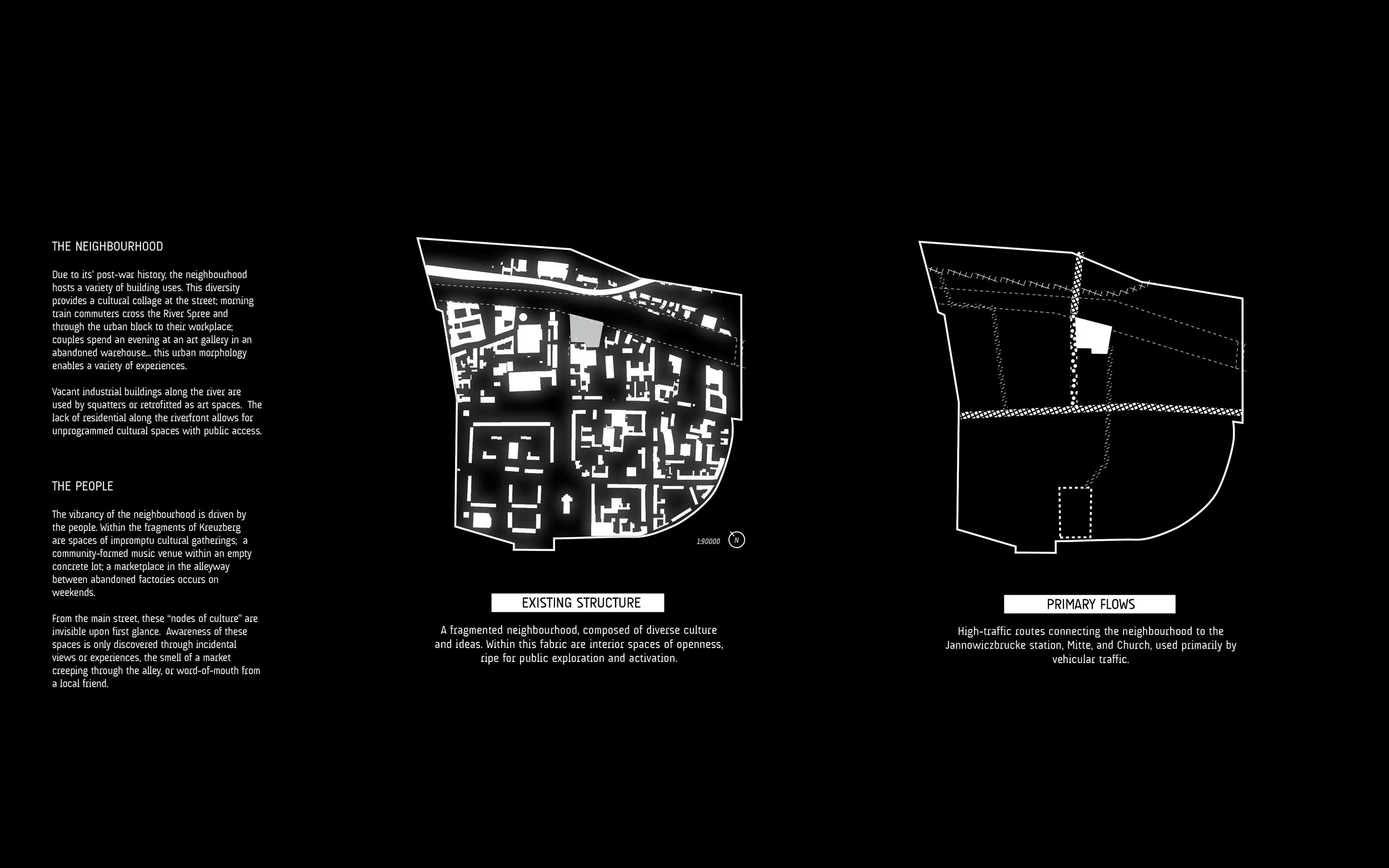 Black background architectural diagram with white and gray outlines showing a neighborhood layout, building structures, and flow paths. Text describes neighborhood diversity, cultural spaces, and traffic flow.