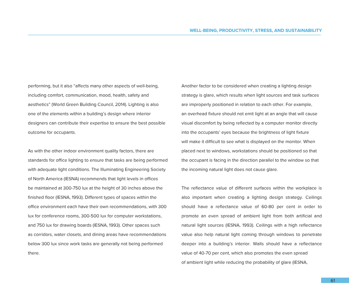 Page from a document titled 'WELL-BEING, PRODUCTIVITY, STRESS, AND SUSTAINABILITY' discussing indoor lighting design strategies, standards, and recommendations, with the page number 61 at the bottom.