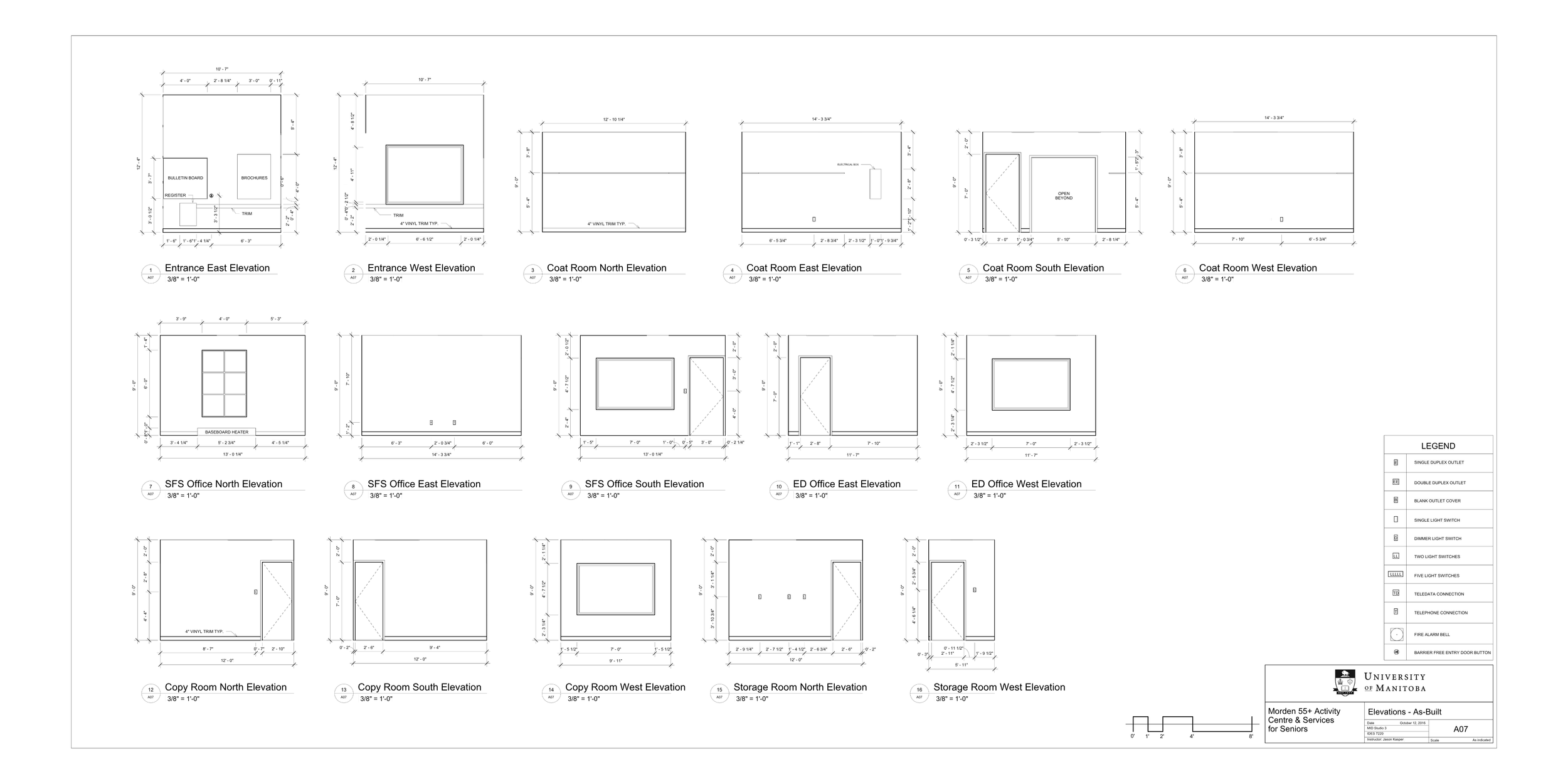 Architectural blueprint drawing with multiple elevation views and measurements, labeled for different rooms and sections.