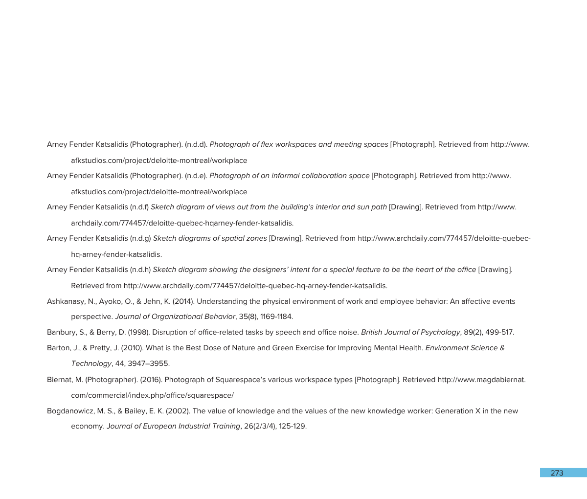A page of referenced academic and professional articles and photographs related to workplace spaces, collaboration, office design, and environment psychology.