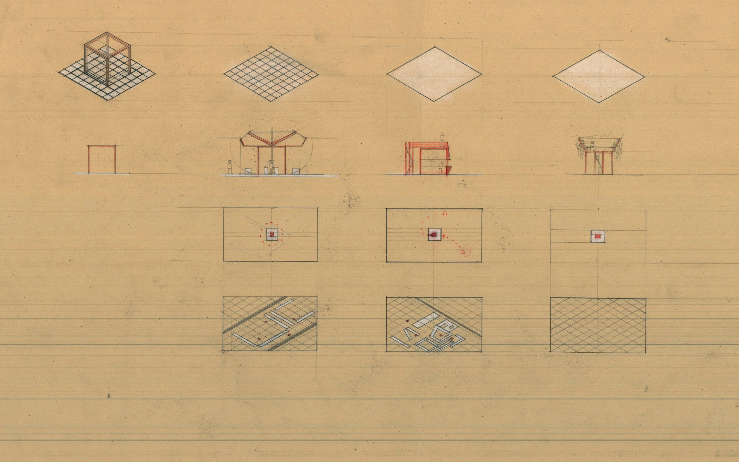 Architectural sketches and diagrams on beige background, showing different building structures and layouts, including elevations, plans, and 3D views.