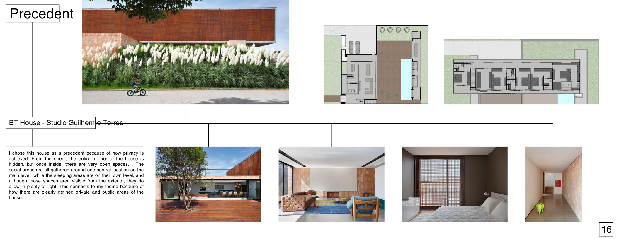 A presentation slide showing the redesign of BT House by Studio Guilherme Torres. The slide includes a photo of the house’s exterior with a person riding a bicycle, floor plans of the house, and interior photos of a living room, bedroom, and hallway.
