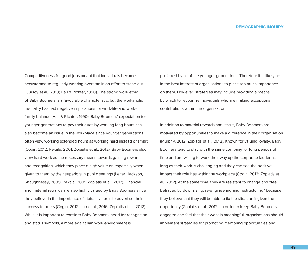A two-page document from a report or article discussing Baby Boomers and workplace behavior with the header "DEMOGRAPHIC INQUIRY" in blue and the page number 49 in blue at the bottom right corner.