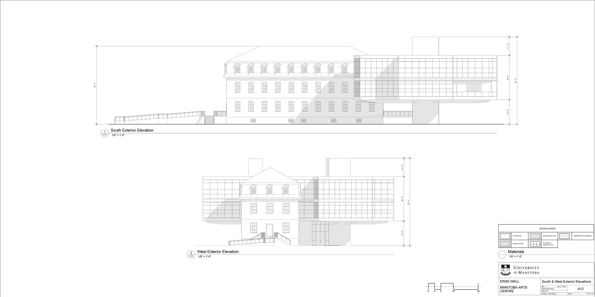 Architectural blueprint of the south and west exterior elevations of a building, labeled with measurements and materials such as concrete, porcelain tile, wood slats, and acoustic ceiling tile, with a legend and university logo.