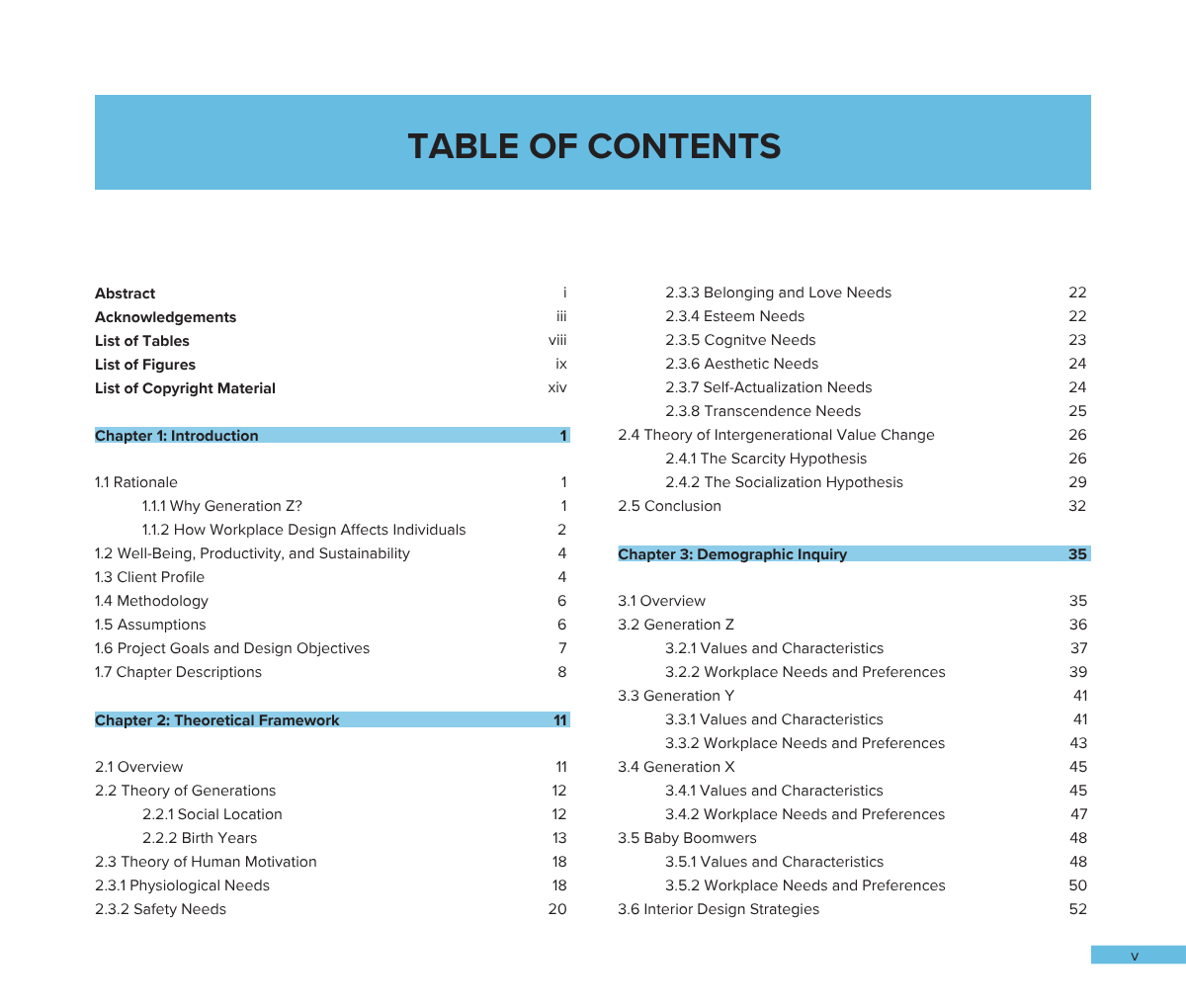 A table of contents from a book or report, listing sections and subsections from Chapter 1 to Chapter 3, with their respective page numbers. The table of contents highlights chapters on introduction, theoretical framework, and demographic inquiry, wi