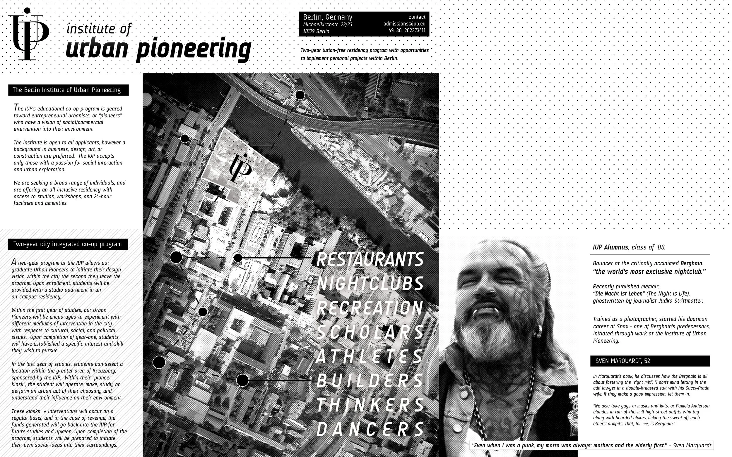 Flyer for the Institute of Urban Pioneering in Berlin, Germany, featuring a black-and-white aerial city map, text about programs for entrepreneurs and urban explorers, and a photo of Sven Marquardt, a nightclub bouncer and photographer, with his cont