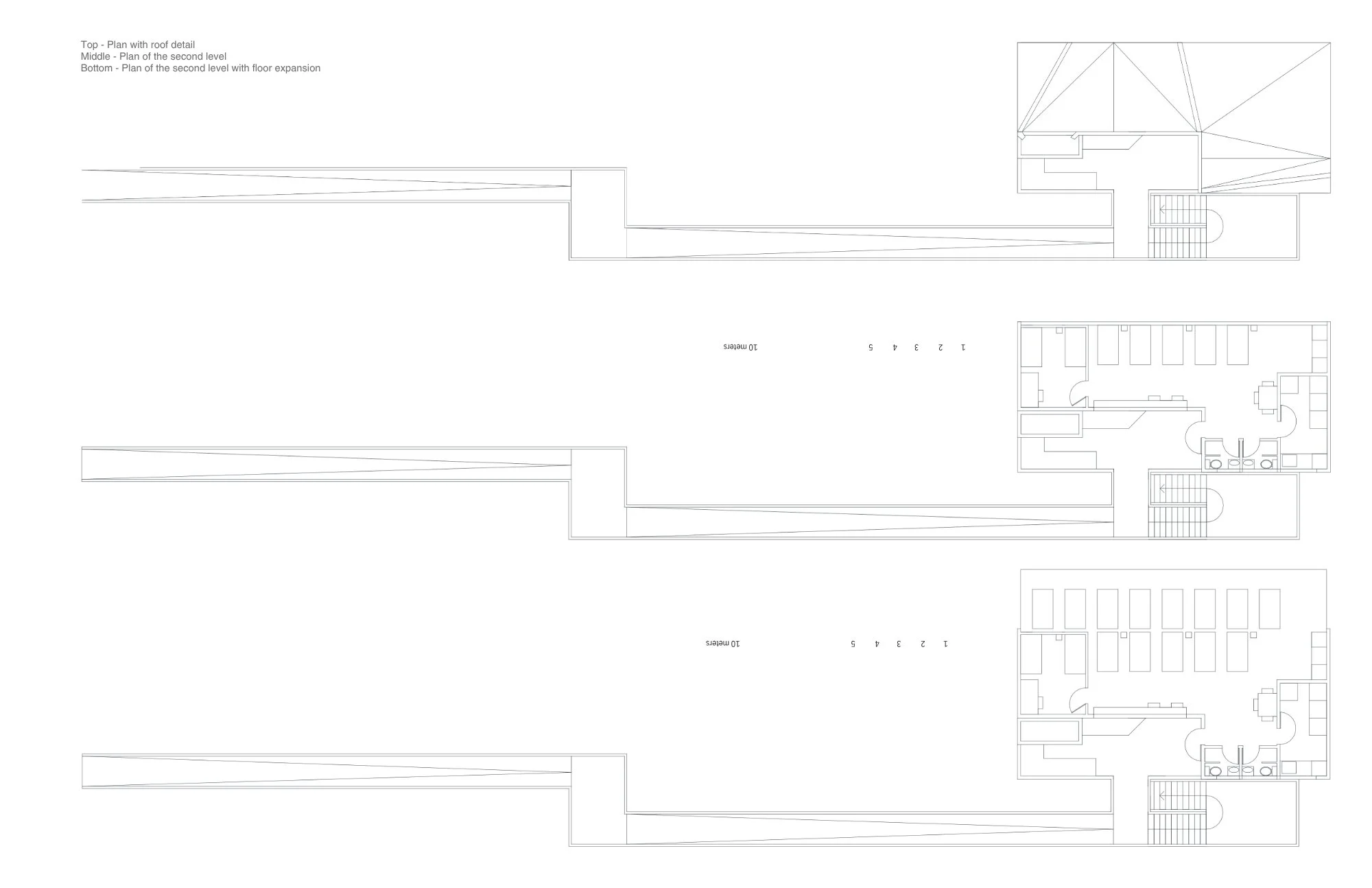 Top - Plan with roof detail
Middle - Plan of the second level
Bottom - Plan of the second level with floor expansion