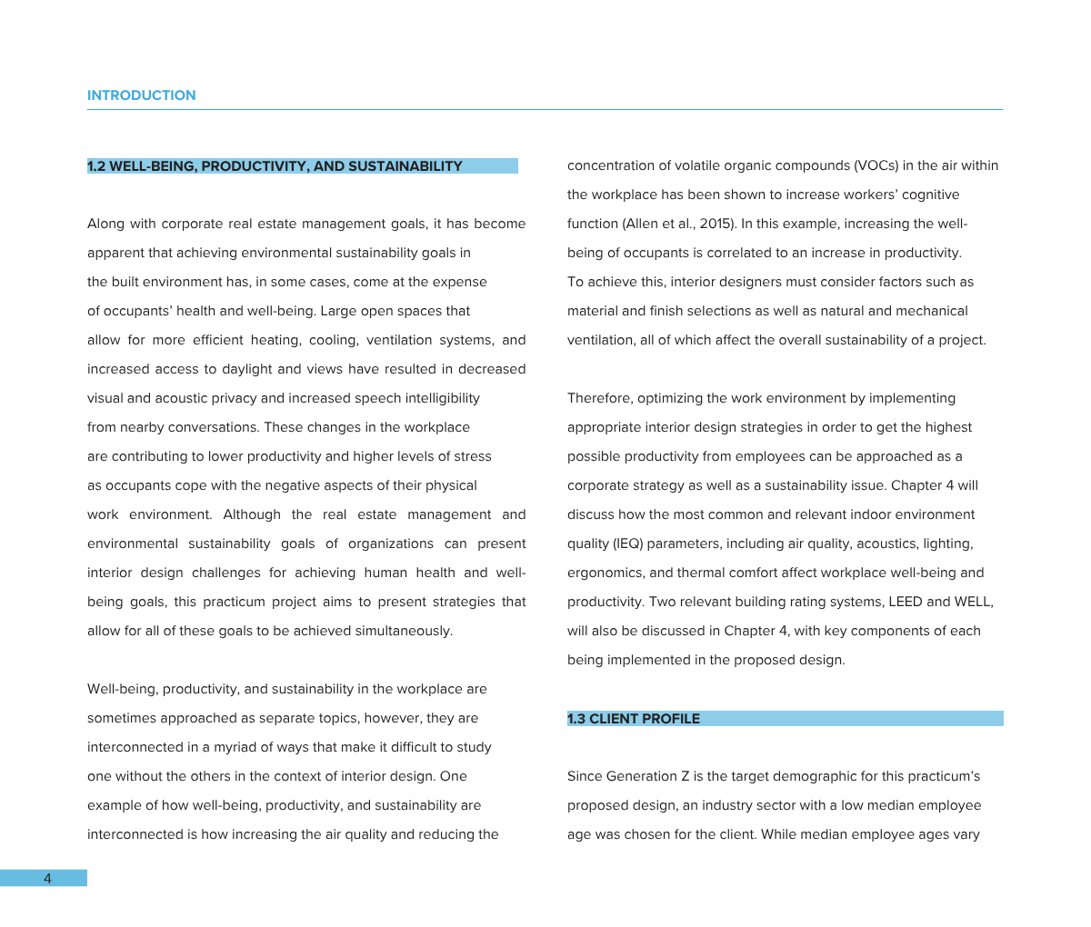 Open book or report with highlighted section titled '1.2 Well-being, Productivity, and Sustainability' in blue, and another section titled '1.3 Client Profile' in blue. The text discusses environmental sustainability, interior design, and workplace w
