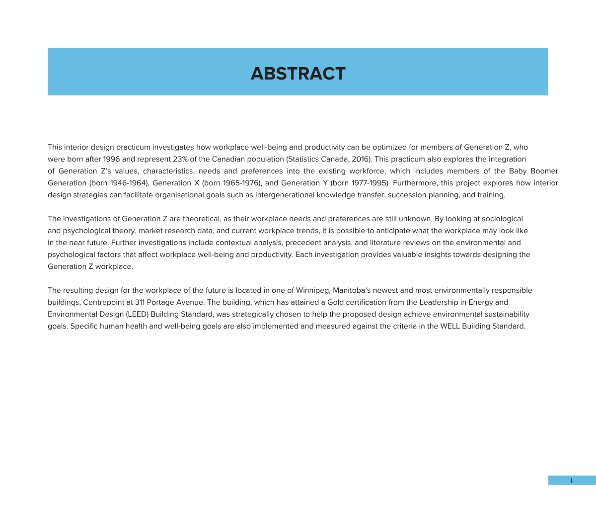 Abstract page of a research paper discussing workplace well-being and interior design for Generation Z, with a blue header, black title, and footer.