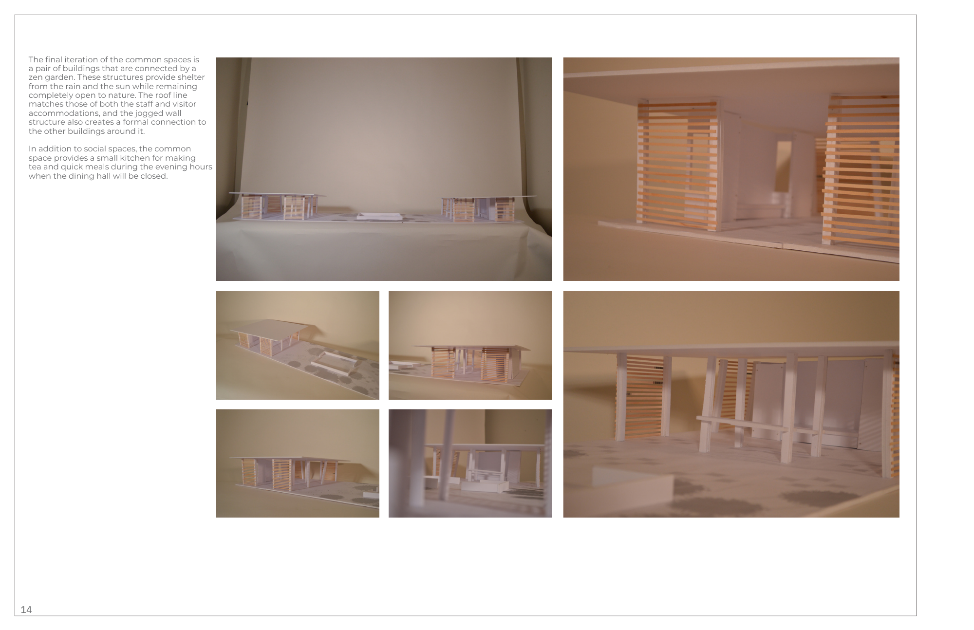 Architectural model of a modern house with wooden slat walls and open interior space, displayed on a table.