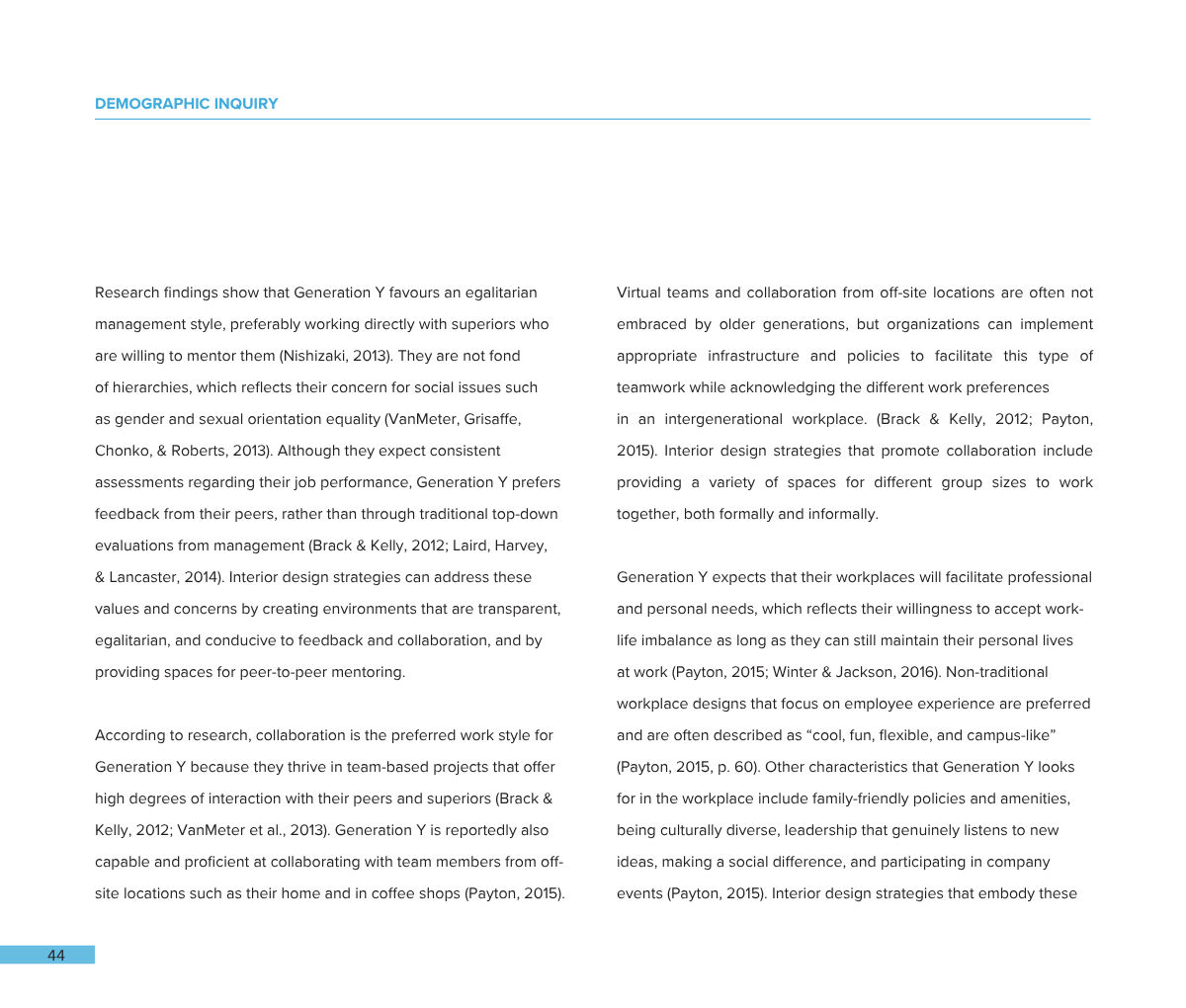 Page 44 of a report or book, titled 'Demographic Inquiry,' with text discussing Generation Y, workplace collaboration, interior design strategies, and workplace culture. The page features header in blue, columned text, and page number at the bottom l