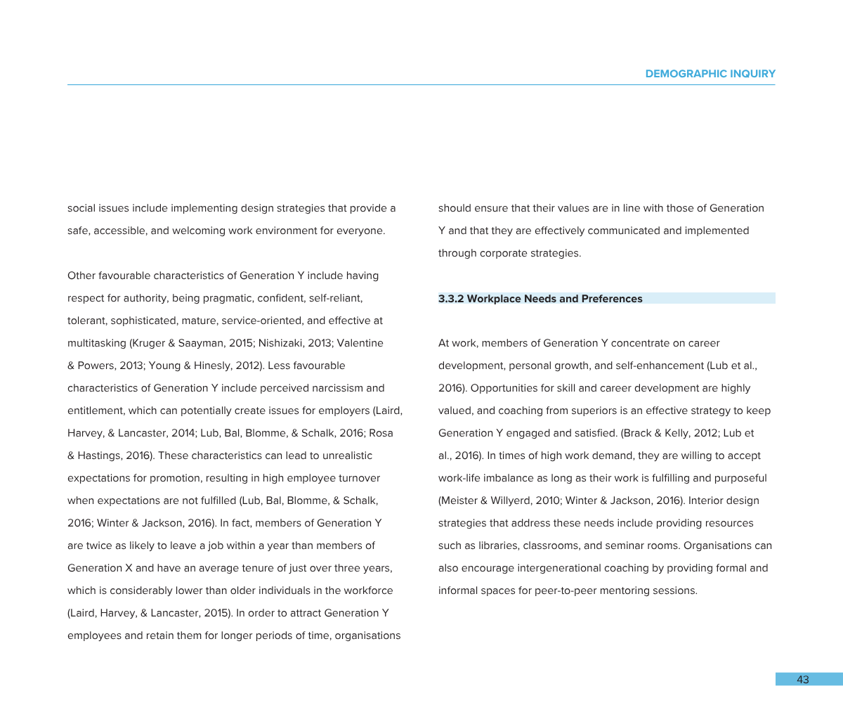 Book or document page discussing workplace needs and preferences specific to Generation Y, with section heading 3.3.2 Workplace Needs and Preferences highlighted in bold.