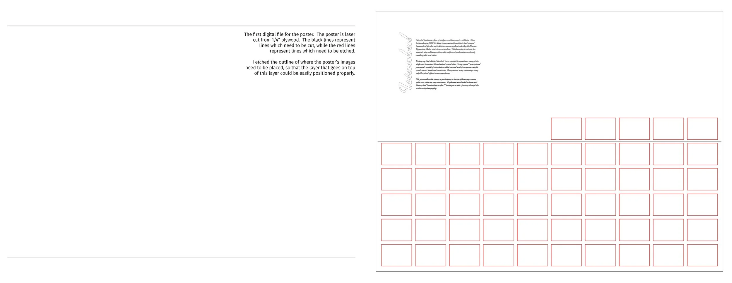 A printed poster with instructions for creating a digital file for poster printing, showing black and red guidelines for cutting and positioning images.
