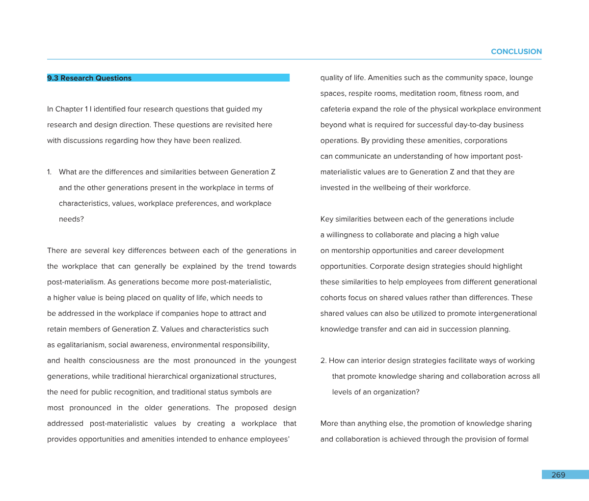 A two-page spread of a document with a blue header titled "9.3 Research Questions" on the left page, and a blue "CONCLUSION" header on the right page. The left page discusses research questions related to workplace differences across generations, whi