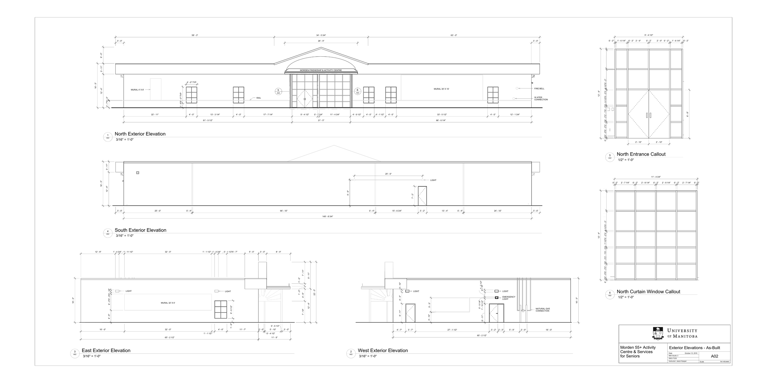 Blueprints of a building's exterior elevations, including north, south, east, and west views, with detailed measurements and architectural features.