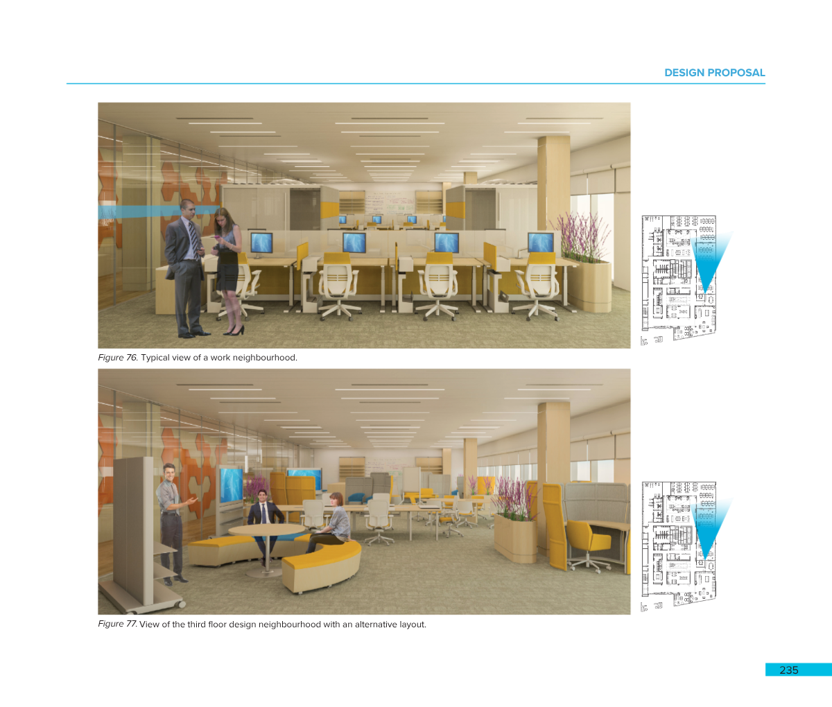 Two interior views of an office space, showing different layouts with workstations, seating areas, and informal meeting zones, including people working and engaging in conversation.
