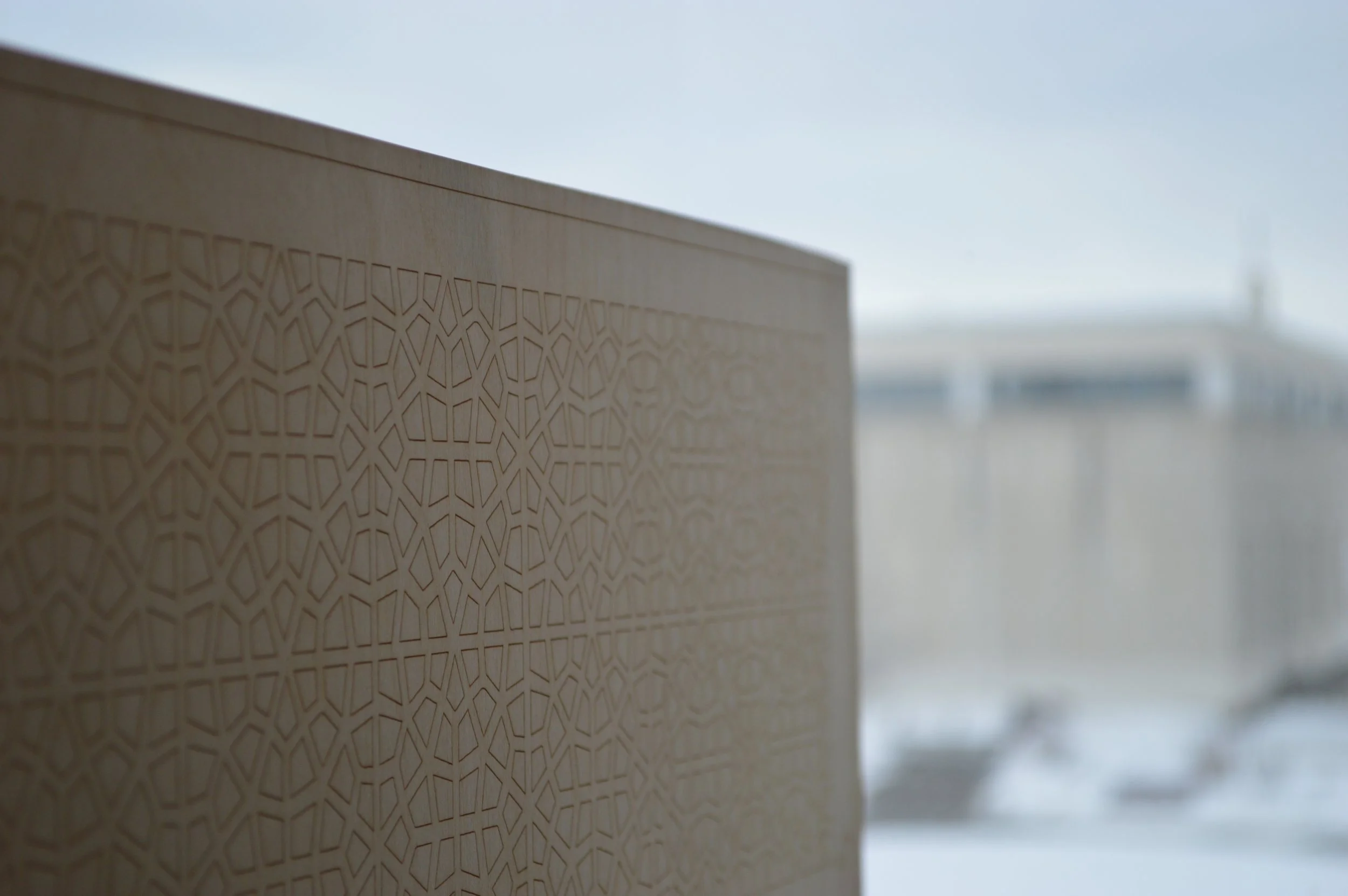 A close-up of a beige, textured surface with a geometric pattern, set against a blurred background under a clear sky.
