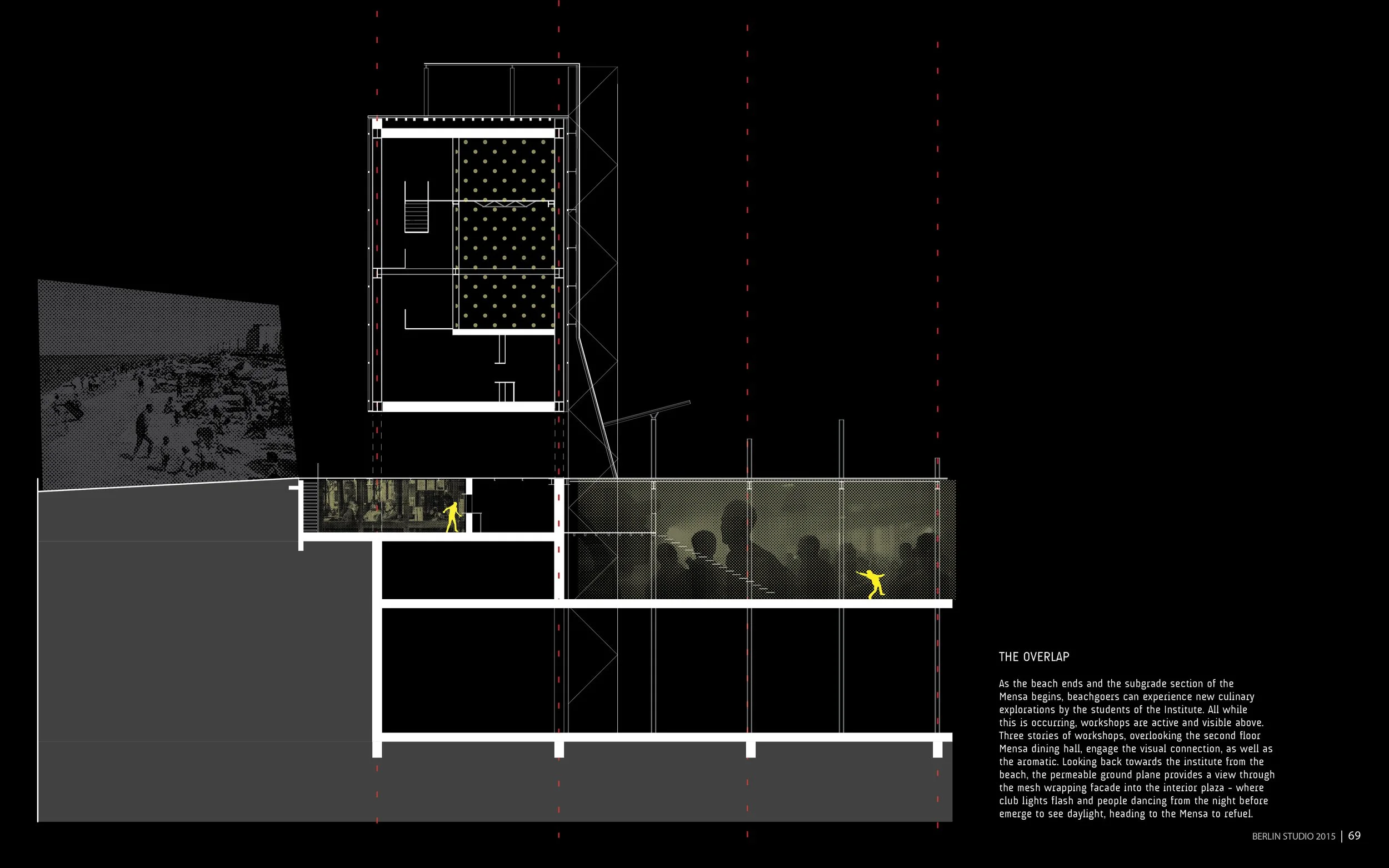 Architectural blueprint of a building's cross-section with annotations and small inset images showing beach scenes and indoor gathering, including a scene of people dancing and seated at tables, with text explaining the design concept and functions o