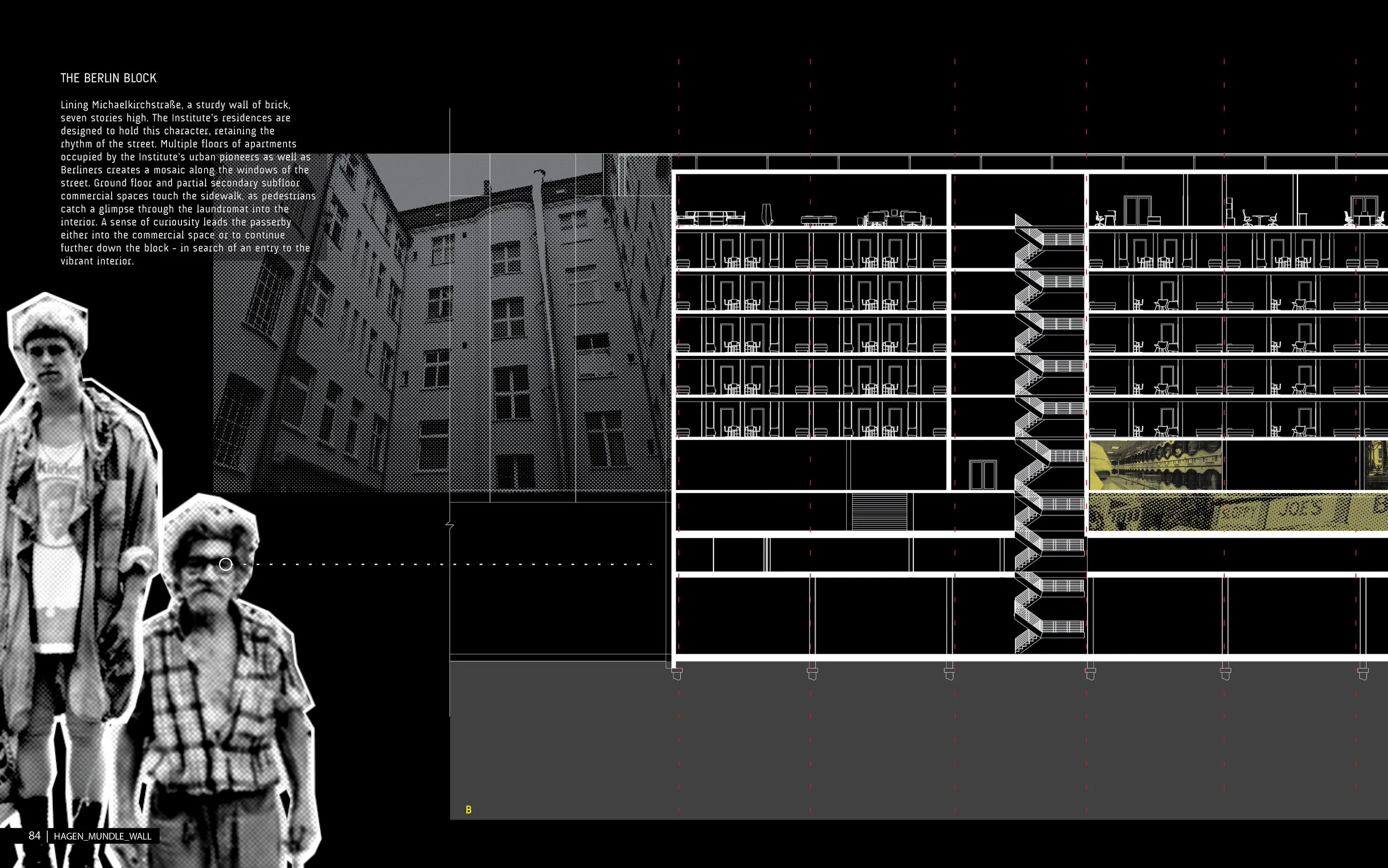 Architectural blueprint of a multi-story residential building, showing interior layouts, staircases, and facade details, with black background, white lines, and some black-and-white photographs of people on the left side.