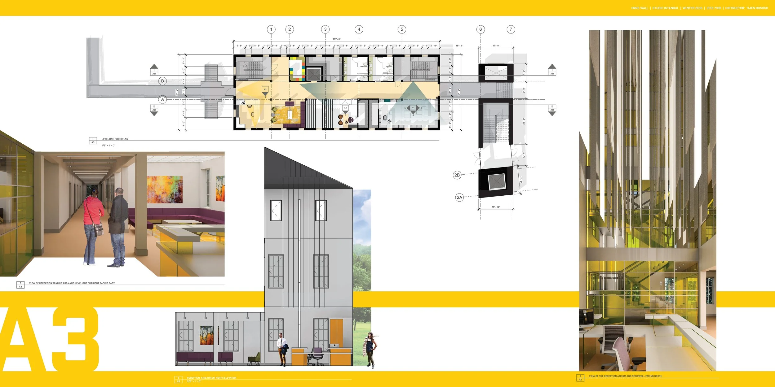 Architectural blueprint and interior design images for a modern stairwell and reception area with yellow accents.