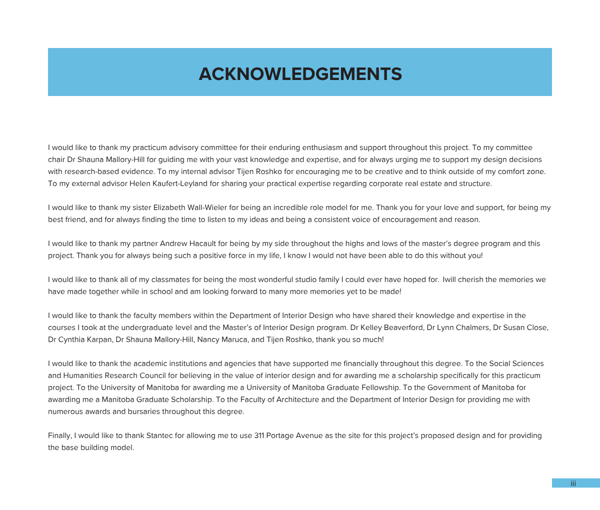 Page with a blue header titled 'ACKNOWLEDGEMENTS' followed by a block of text expressing thanks to various individuals and institutions for their support in a project related to interior design and architecture.